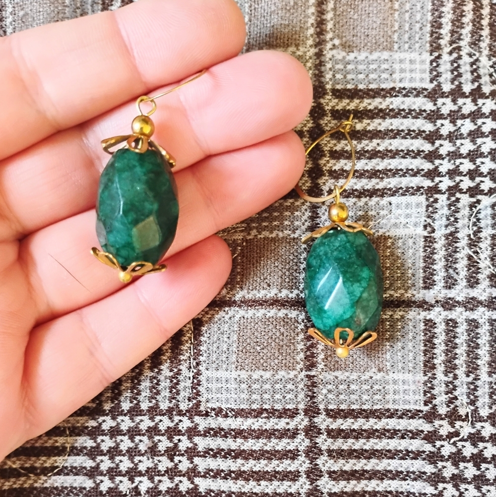 Chunky Faceted Emerald Earrings - Picture 2 of 6